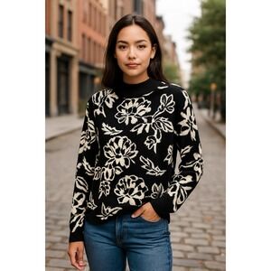 CYRUS New York Sweater Women XL Black White Floral Jacquard  Grandma Cottagecore